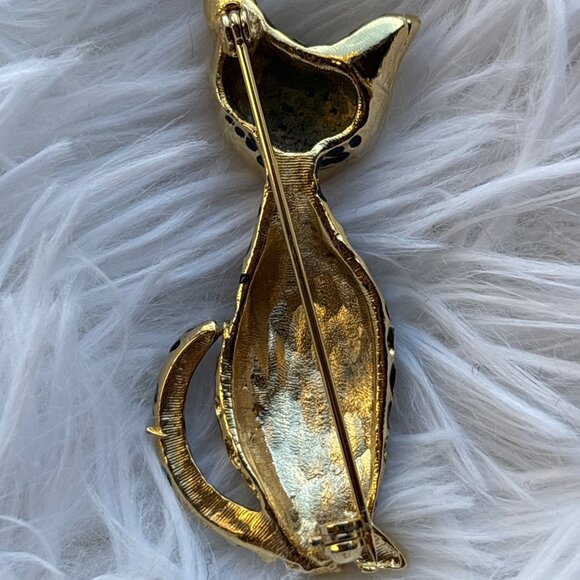 Vintage Gold-Tone Leopard Cat Brooch With Green Rhinestone Eyes & Black Enamel - Picture 2 of 8